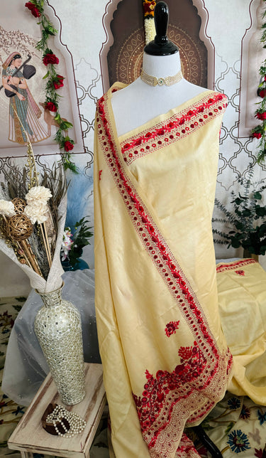 Lightweight Parsi Bullion Embroidery Pure Tussar Silk Saree | Cream yellow | Gujarati Hand Embroidery | Ships from California